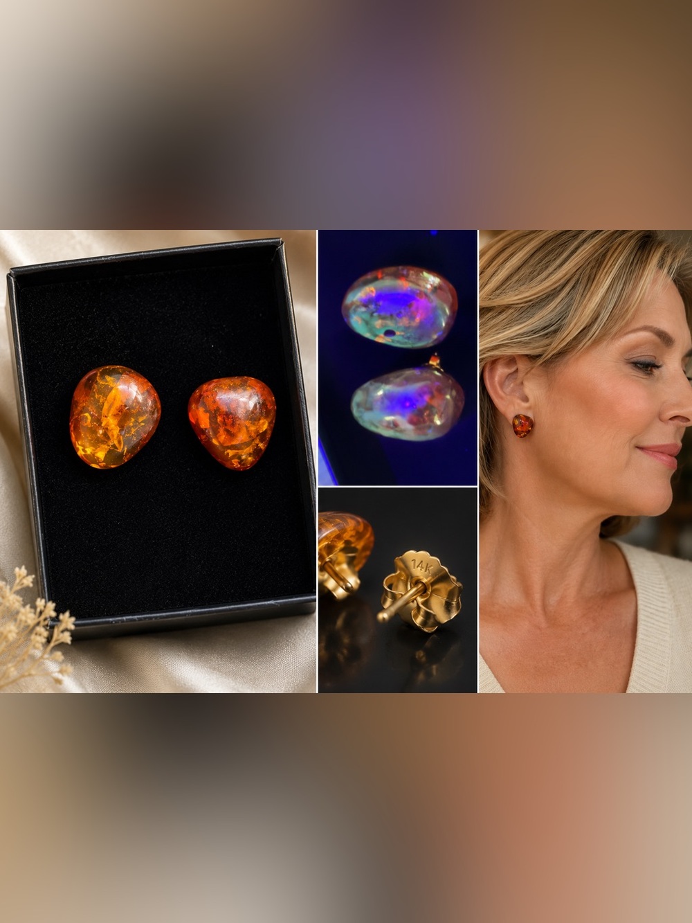 14K Gold Amber Stud Earrings - Warm Orange Cabochon